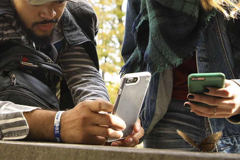 Students leaning on a concrete wall looking at their phones as if they are hunting for something.