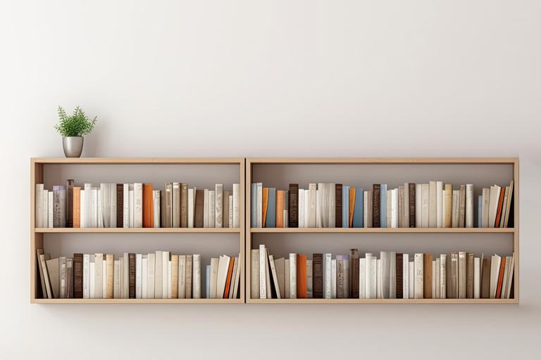 a wide bookshelf filled with books and a plant on top