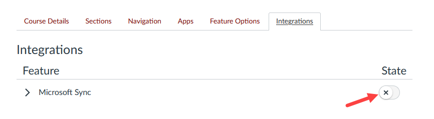 Screemshot of Integrations tab in Canvas Settings. With Arrow pointing at the toggle to turn on Microsoft Sync.