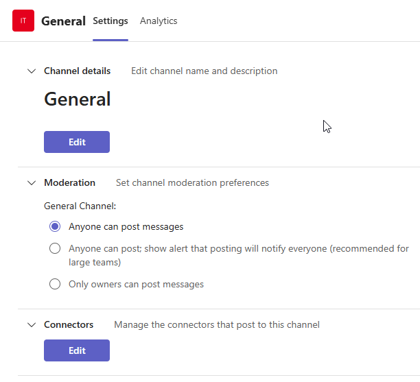 Screencapture showing the Manage channel options for the General channel