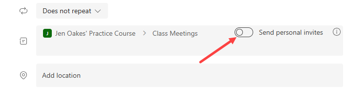 Screenshot showing location of Send personal invites toggle.
