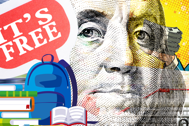 Collage of a backpack and books, it's free, Ben Franklin, and a hand offering money