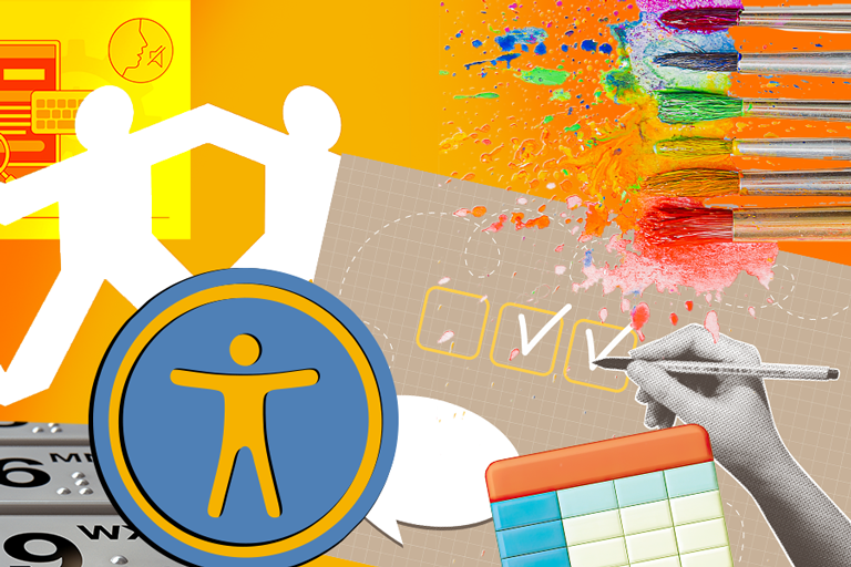 Collage of paper cutout people, a braille number keyboard, charts and graphs, paintbrushes with paint, and other topics that someone wanting to make their course accessible should consider