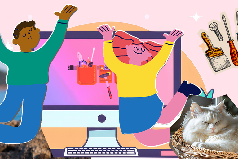 Collage of celebrating people, a computer with a drawing of tools on the monitor, and a sleeping cat