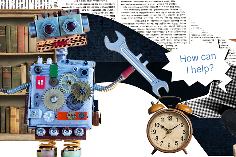 collage of a robot holding a wrench, a laptop with a speech bubble that says How can I help, an alarm clock, and a bookshelf