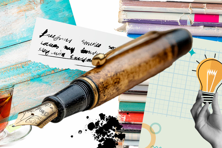 collage of a vintage typewriter, pen, cup of tea, pile of notebooks, inkblot, and a drawing of a hand holding a lightbulb