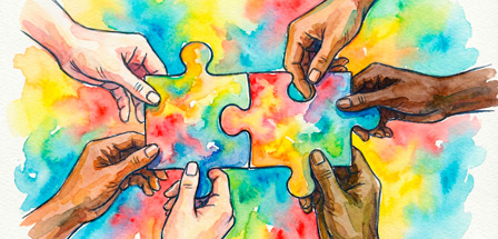 hands holding 2 puzzle pieces; watercolor in bright colors