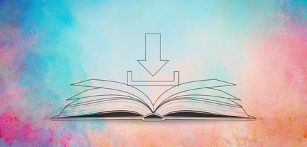 Open book with download symbol above it and rainbow watercolor background